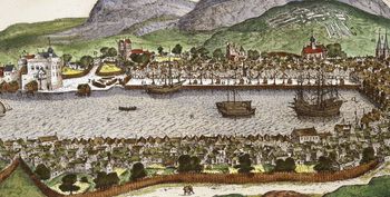 Et utsnitt av Hieronymus Scholeus' bergensprospekt. Her ser vi hvordan kaianlegget på Bryggen er dimensjonert og utstyrt, og vi ser tydelig lerretsblekingen på haugen mot Fløyfjellet. På noen av hustakene i forgrunnen ser vi også at sauer beiter på hustakene. Foto: Billedsamlingen, Universitetsbiblioteket i Bergen