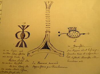 Bildet viser en skisse i notatboken til Johan Randulf som var sogneprest i Nærøy 1718–1727. Randulf interesserte seg sterkt for samisk religion og samlet sine betraktninger i «Nærøymanuskriptet» fra 1723. På dette notatarket ser vi Randulfs skisse av elementer som i følge han kunne inngå i samisk trolldomsutøvelse: en figur fra en runebomme som avbilder satan (3), en runebommehammer (1) og en gandflue (2) som kunne sende gand fra én til en annen. Les mer om trolldomsforfølgelse av samene i Norge .&amp;#160;Foto: Trond Gabrielsen
