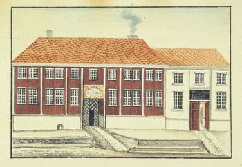 Maleri av tukthuset i Trondheim, før 1827. Tukthuset ble oppført mellom 1732 og 1733 og var da det første av sitt slag i Norge. Her skulle fattige arbeide. Les mer om de som stod på utsiden&amp;#160;i det gamle samfunnet .&amp;#160;Foto: Ole Bjørn Pedersen/NTNU Vitenskapsmuseet/ CC BY 3.0