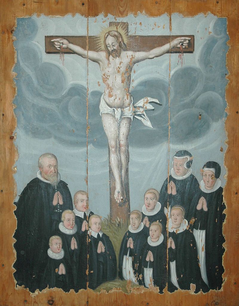 Illustrasjon av korsfestet Jesus som skuer ned på familie, kledd i sort, knelende, alle med prestekrager