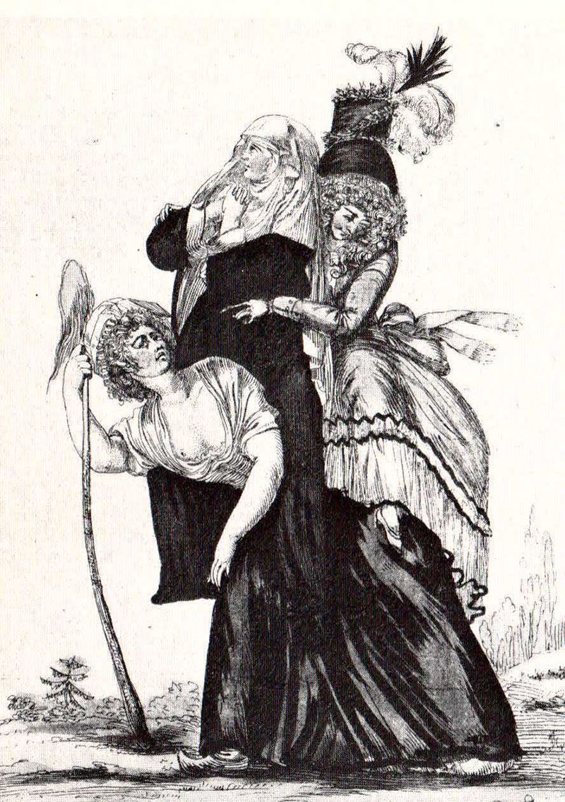 Karikaturtegning som viser tre kvinner: bonden bærer de to andre, nonne og adelig kledd kvinne
