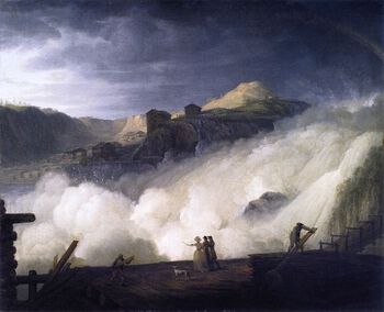 Sarpsfossens veldige vannmasser ga grunnlag for sagbruk og trelasteksport i området. Kunstneren Erik Pauelsen malte fossen i 1789, og bildet henger i Statens Museum for Kunst i København. Les om den kraftige&amp;#160;veksten i eksportnæringer i Norge .&amp;#160;Foto: Wikimedia Commons/public domain
