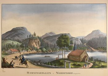 Fordelen med pengesedler var at de lettere kunne sendes med posten. Her er en postrytter på vei gjennom Hornindal i Nordfjord. Akvarell av J. F. L. Dreyer fra 1826. Les mer om penger og finanssystem i Norge på 1700-tallet .&amp;#160;Foto: Billed­samlingen/Uni­ver­si­tets­biblio­teket i Bergen