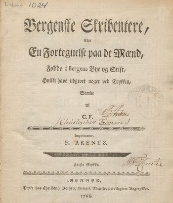 Det første norske forfatterleksikonet, «Bergenske Skribentere», er&amp;#160;datert 1766. Les om offentligheten under den eneveldige kongemakten .&amp;#160;Foto: Spesialsamlingene/Universitetsbiblioteket i Bergen