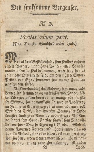 «Sandhed avler Had»: Tidsskriftet Den snaksomme Bergenser kritiserte lokale embedsmenn.&amp;#160;Les mer om Den snaksomme&amp;#160;Bergenser og&amp;#160; den litterære offentligheten på 1700-tallet .&amp;#160;Foto: Spesialsamlingene/Universitetsbiblioteket i Bergen