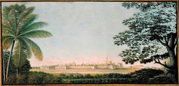 I 1786 ble Peter Anker utnevnt til oberst og generalguvernør i Trankebar. Som ivrig amatør, malte og tegnet han ned mange inntrykk fra tiden som kolonibestyrer. Her har han festet det dansk-norske festningsverket til lerretet i 1790. Les om Norges forhold til verden&amp;#160;i tidlig-moderne tid . Foto: Ann Christine Eek/Kulturhistorie museum, UiO/ CC BY-SA
