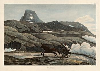 «Postrytteren over Suletind» av Wilhelm Maximilian Carpelan, en finsk-født svensk offiser og kartograf som tjenestegjorde i Norge i årene 1819–1824. Les om hvordan posten kom fram i Norge i tidlig-moderne tid . Foto: Nasjonalbiblioteket i Oslo