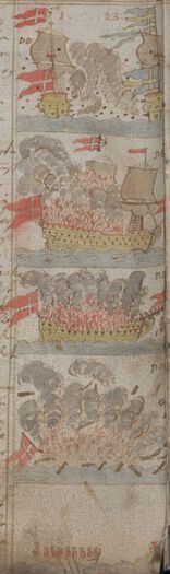 Dette er tegninger av et sjøslag i matros Niels Trosners dagbok fra 1710. Krigsskipene kunne like gjerne være private fartøy som med&amp;#160;såkalte kaperbrev søkte å tjene penger på å kapre fiendtlige handelsskip.&amp;#160;Les mer om kaperfarten under den store nordiske krig . Foto: Riksarkivet&amp;#160;