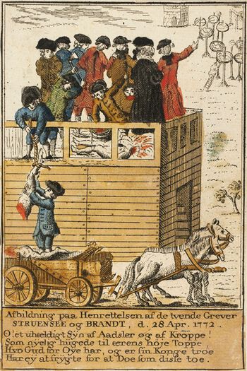 Tegningen viser den spektakulære henrettelsen av Struensee og Enevold Brandt i 1772 til skrekk og advarsel. Struensee&amp;#160;var kongens livlege og&amp;#160;dronningens elsker,&amp;#160;og forsøkte gjennom sin makt å gjennomføre liberale reformer i Danmark-Norge. Les om Struensees reformiver og skjebne . Foto: Det Kongelige Bibliotek, Kort- og Billedafdelingen