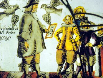 Glassmaleri fra ca. 1650 i Holdhus kirke i Midthordaland viser klokkeren som underviser fire elever i katekismen. Les om hvordan undervisningen foregikk på&amp;#160;1700-tallet . Foto: Universitetsmuseet i Bergen