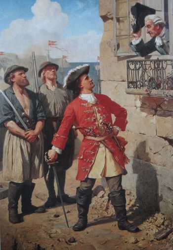Ifølge én av de mange vandrehistoriene om Tordenskiold, skal han ha narret den svenske kommandanten ved Karlsten festning til å tro at han hadde med seg flere tusen mann ved å la sine 600 soldater stadig forflytte seg til forskjellige poster i byen –&amp;#160;og fra denne vandrehistorien&amp;#160;kommer uttrykket «Tordenskiolds soldater».&amp;#160;Her ser vi Otto Baches (1839–1927) maleri «Hvad Djævelen nøler I efter!» fra 1875 som viser en utålmodig Tordenskiold på besøk hos kommandanten som ennå ikke har&amp;#160;startet avmarsjen bort fra festningen etter overgivelsen. Les mer om Tordenskiolds militærstrategi og liv . Foto: ukjent/Fyns Kunstmuseum