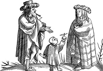 I Sebastiano Münster si bok frå midten av 1500-talet, Cosmographia&amp;#160; Universalis , finn vi denne illustrasjonen med tittelen "Ein sigøynarfamilie". Liknande skildringar av kvinnedrakter er også funne i dei nordiske landa. Dei karakteristiske hovudplagga går ofte igjen i tidlege framstillingar av taterar/romanifolk . Foto og kunstnar: ukjent