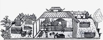 Tegning etter inngravert motiv på Nøstetang-glass fra 1771 . Foto: ukjent