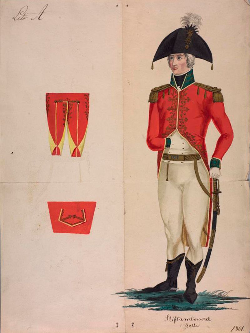 Kolorert tegning av stiftsamtmann i militæruniform. Rød jakke, halvmåneformet hatt, hvite strømper og støvler, samt sverd 