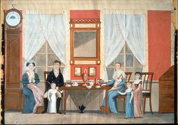 I smedmester Lars Andreas Gelleins hjem i Empire-stil, er familien samlet til te-drikking. Bildet er malt av M.F. Dalager om lag 1820. Kontrasten fra det borgelige, velmøblerte hjemmet i byen til familier på landet som led under sterk befolkningsøke og sviktende økonomi i denne tiden kunne være stor. Foto: Per Fredriksen/Vitenskapsmuseet/NTNU/CC-BY-3.0