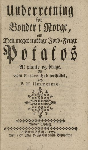 Presten P. H.&amp;#160;Hertzbergs skrift om poteten var den mest kjente veiledning for hvordan poteten skulle dyrkes og brukes.&amp;#160;Les&amp;#160;om&amp;#160; hva poteten&amp;#160;gjorde for befolkningen i Norge på 1800-tallet .&amp;#160;Foto: Nasjonalbiblioteket