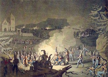 «De Norske Troppers Bivouacquering under Prints Christian Augusts Anførsel i Sceneste Krieg med Sverrig 1808, Hans Majestet Kong Frederik den Sjette.» (Fra Trøgstad.) Krigen førte med seg en blokade, som hindret norsk utenrikshandel . Samtidig håndkolorert kobberstikk. Foto: Galleri Bygdøy Allé