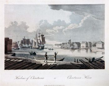 Den britiske maleren og grafikeren John William Edy (1760–1820) besøkte Norge i 1800, et besøk som resulterte i utgivelsen Boydell’s Picturesque Scenery of Norway (1820). Som by utgjorde Christiania et imponerende og «malerisk» syn, men synet kunne bedra: «On the first sight of the vast basin at Christiania, the mind is prepossessed with an idea, that it is capable of containing 500 sail of ships, when in fact, the navigable and mooring part is comparatively of very limited extent». Les om&amp;#160; den&amp;#160;norske staten og hovedstatens begrensninger i årene etter 1814 .&amp;#160;Foto: Galleri Bygdøy allé