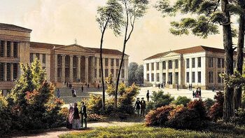 Universitetsbygningene i Karl Johans gate ble først påbegynt i 1841 og stod ferdig i 1851. I mellomtiden hadde ulike bygg i byen fungert som campus. Les mer om kampen for et norsk universitet . Håndkolorert litografi etter Joachim Frich, 1854. Foto: CC PDM