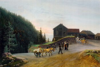 Dette er en tegning av Kleivstua, en skysstasjon ved Tyrifjorden fra 1780, av Johannes Flintoe fra&amp;#160;1834. Bønder hadde hatt skyssplikt for kongen og hans menn siden middelalderen, men i 1648 ble bøndene også pålagt å skysse privatpersoner frem til neste skysskifte, mot en fastsatt pengesum. Med skyssloven av 1816 kunne skysslagene velge å opprette og finansiere skysstasjoner – et tiltak som myndighetene håpet at kunne redusere ventetiden til de reisende fra opptil flere timer til bare 15 minutter. Les mer om reisemåter og spredningen av informasjon i det lavteknologiske samfunnet . Foto: Galleri Bygdøy Allé