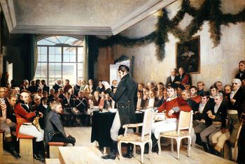 Oscar Wergeland malte Riksforsamlingen på Eidsvoll i årene 1882–1885. Bildet var malt med tanke på dets nåværende plassering bak presidentpodiet i Stortingssalen. Wilhelm Frimann Koren Christie, Riksforsamlingens sekretær, stirrer ut av maleriet. Som stortingspresident i november 1814 forsvarte han Grunnloven overfor den svenske kongemakten. Les mer om hvorvidt Stortinget representerte den norske&amp;#160;folkeviljen . Foto: Stortingsarkivet