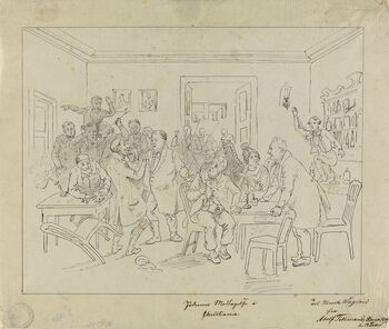 Politiet ble tilkalt da to menn ble anklaget for å ha jukset i kortspill i en salong på Stortorvet i Christiania i 1844. Harpespilleren skal ha ropt «De ere Jøder», og dermed ble mennene arrestert. I 2012 ble det upubliserte skuespillet «Jøden» oppdaget, og en scene i dette skuespillet er basert på denne hendelsen. Skuespillet var skrevet i samtiden. Denne illustrasjonen er av Adolph Tidemand, og er tilsynelatende tegnet for Henrik Wergeland. Les mer om frykten for jødene og religionstvangen i Norge etter 1814 . Foto: Dag Andre Ivarsøy/Nasjonalmuseet/ CC BY-NC