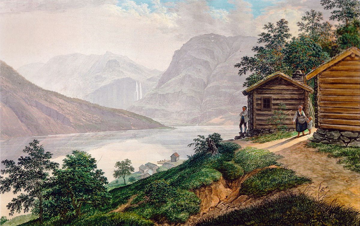Maleri som viser fjord. Langs høyre åsside to lafta hus, med mennesker foran