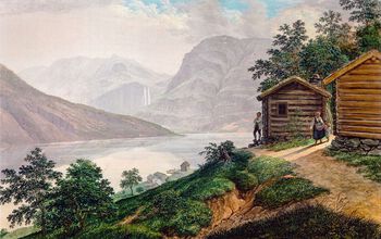 Dette er Marifjøra, med Feigumfossen i bakgrunn. Johannes Flintoe, som har malt dette bildet, reiste rundt i Norge mellom 1819 og 1825. Les mer om hvordan folk bodde på 1800-tallet . Foto: Galleri Bygdøy Allé&amp;#160;