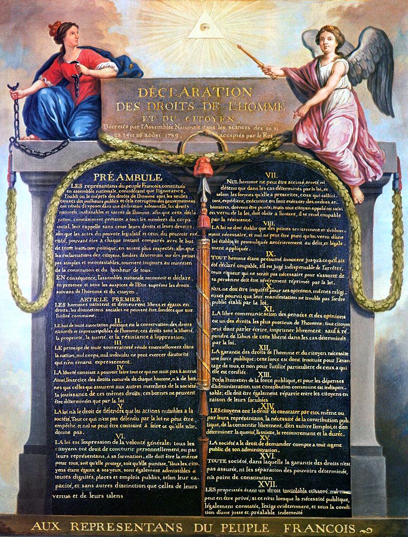 Maleri av to steintavler med komplett innskrift av den franske menneske- og borgerrettserklæringen av 1789