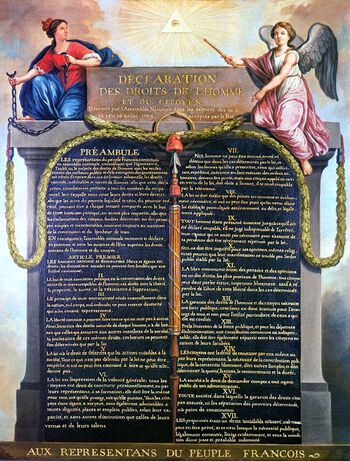 Den franske menneske- og borgerrettserklæringen av 1789 slo fast i første artikkel at «alle menn fødes og forblir frie og like i rettigheter. Sosiale forskjeller kan bare grunnes i felles nytte». Samtidig maleri av Jean-Jacques François Le Barbier (1738–1826). I den norske grunnloven var inspirert av europeiske og amerikanske&amp;#160;tanker om menneskerettigheter, og inneholdt flere bestemmelser om blant annet ytringsfrihet og rettsikkerhet. Les mer om menneskerettigheter i det norske standssamfunnet . Foto: Wikimedia Commons/ CC PDM