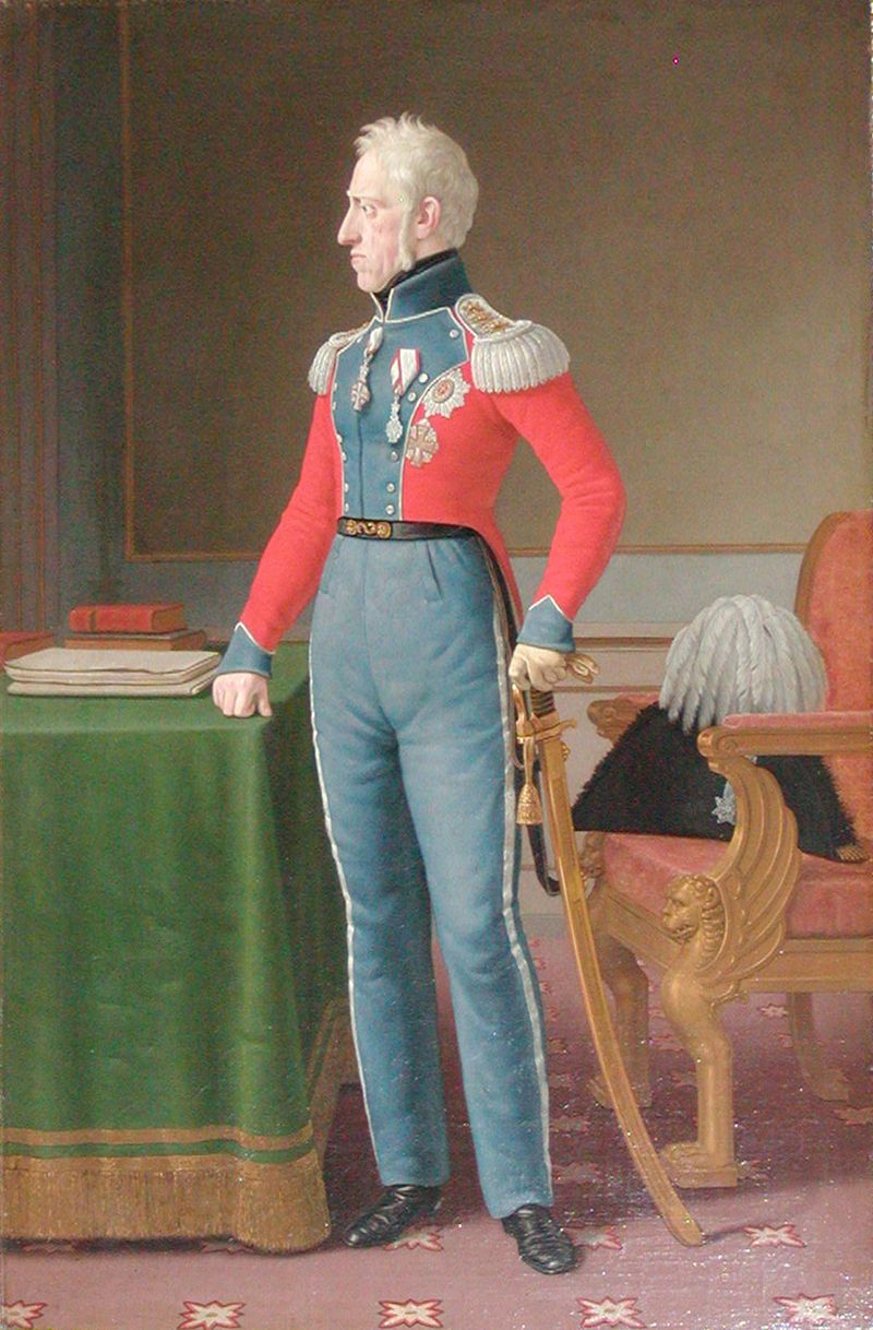 Maleri, portrett av Frederik 6. Profil, full figur, lener seg på sverdet