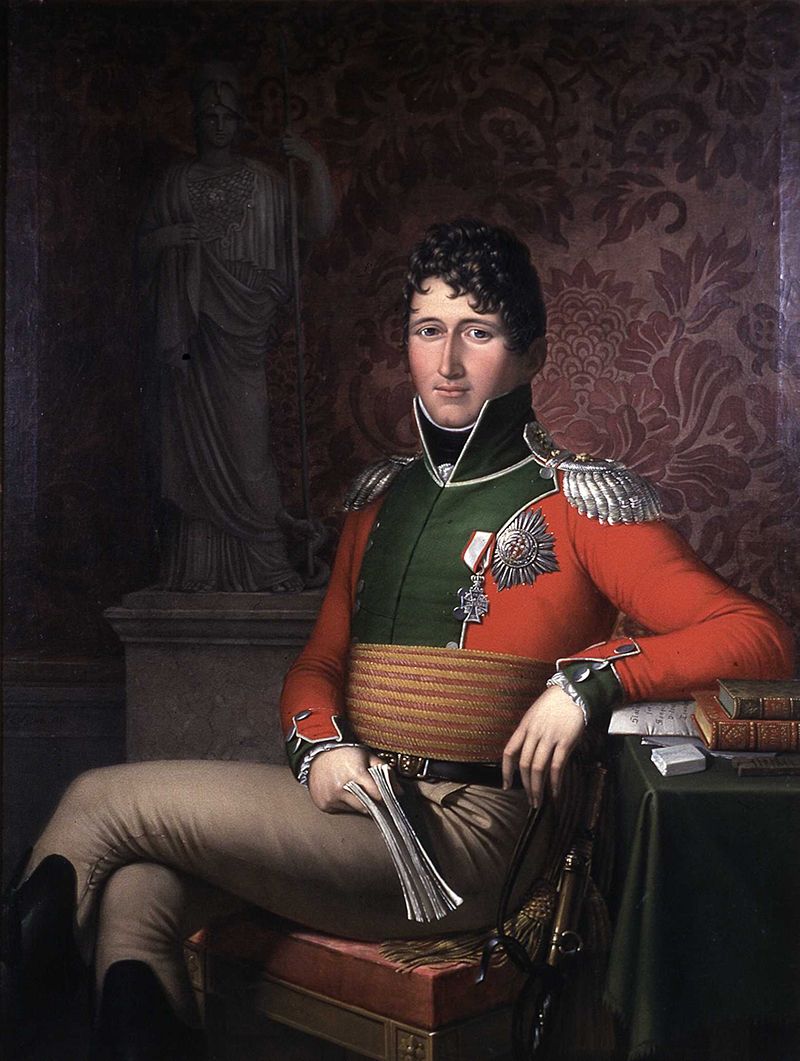 Malt portrett av Christian Fredrik i uniform, sittende, med lesestoff i ene hånda. 