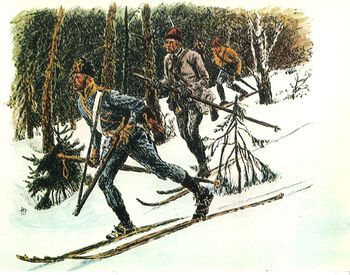 Soldater fra den norske hæren og bønder i bondemilitsen under napoleonskrigene. Merk at bøndene ikke bærer militæruniform. Les om det militariserte norske samfunnet ved inngangen til 1800-tallet .&amp;#160;Illustrasjon: Andreas Bloch/CC PDM