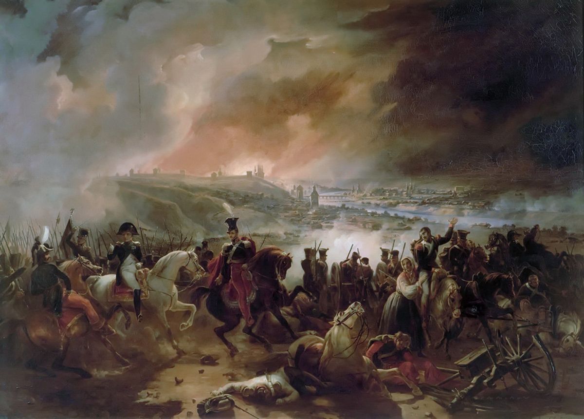 Maleri som viser slaget ved Smolensk. Kaotisk scene i forgrunn, brennende by i bakgrunn