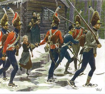 Norske soldater mobiliseres i april 1808. Danmark hadde alliert seg med Napoleon året før, mens Sverige ønsket å bevare forholdet til Storbritannia. Les mer om stormaktspolitikkens innflytelse på de skandinaviske landene og krigen i 1808–1809 . Illustrasjon av Andreas Bloch (1860–1917). Foto: Falt i det fri