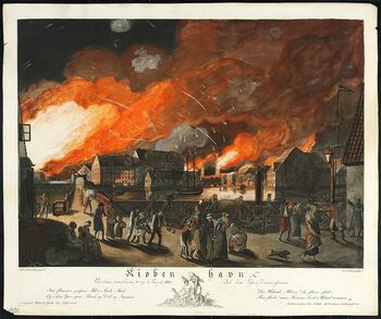 Denne illustrasjonen viser det engelske&amp;#160;bombardementet av København i september 1807. Les om hvorfor Storbritannia gikk til angrep på Danmark-Norge under napoleonskrigene . Foto: Det kongelige bibliotek, København