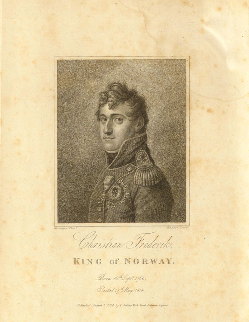 Portrett av Christian Frederik på en bokside, omtalt som "King of Norway"