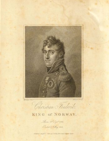 Christian Frederik i den eneste kjente avbildningen av ham som «King of Norway», gjengitt i et propagandaskrift utgitt i London sommeren 1814, med Carsten Ankers hjelp. Bildet er basert på en pastell av Christian Horneman fra 1810, da Christian Frederik var dansk prins og tronarving. Les om den britiske debatten om Norge i 1814 . Eier: Nasjonalbiblioteket&amp;#160;