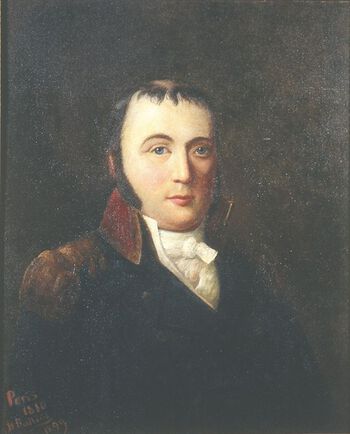 Byfogd Andreas Heiberg i Fredrikstad tok sitt eget liv i 1815, bare få dager etter at de svenske okkupasjonsstyrkene dro fra byen. Mange forhold tydet på underslag: blant annet kassamangel og uorden i byens finanser samt krav fra kreditorer som gjorde seg gjeldende etter hans død. Les om korrupsjon i det norske embetsverket . Foto: Solveig Dahl/Eidsvoll 1814/ CC PDM