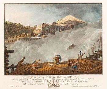 Dette er den danske kunstneren Erik Pauelsens tolkning av Sarpsfossen,&amp;#160;trykt i København i 1811. Les om kunstnernes oppdagelse av Norge . Foto: Galleri Bygdøy Allé