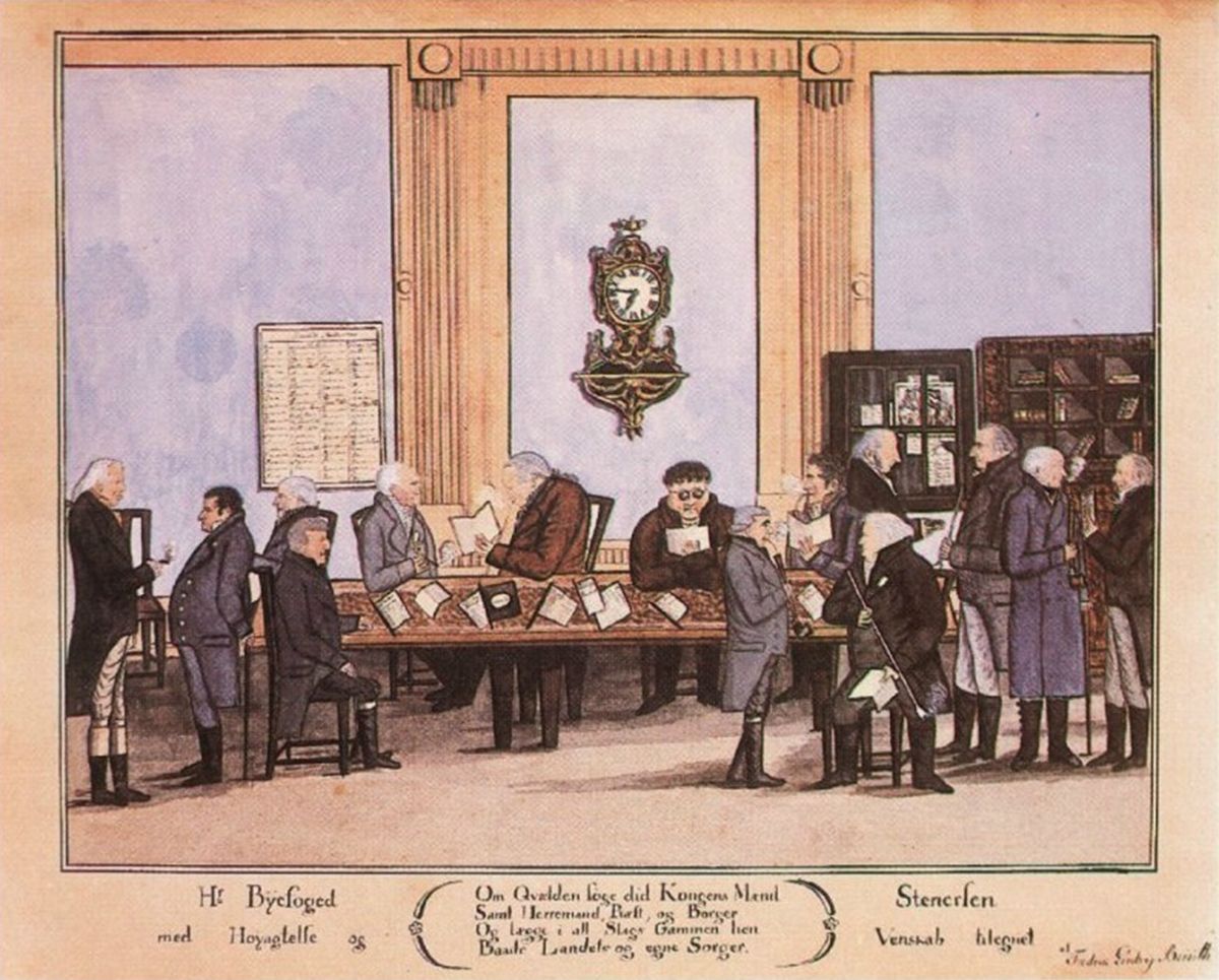 Kolorert tegning av Drejers klubb, menn sitter rundt et stort bord i borgerlige omgivelser og leser