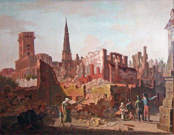Gråbrødretorv i København etter bombardementet i 1807, av J. P. Møller, 1808, i Fredrikborg slotts eie. Bombardementet innledet Danmark og Norges krig mot England, som dermed blokkerte handelen mellom Danmark og Norge.&amp;#160;Blokaden mellom Danmark og Norge&amp;#160;skapte handlingsrom for regjeringskommisjonen som&amp;#160;ble satt ned av Frederik 6. for å styre Norge .&amp;#160;Foto: ukjent