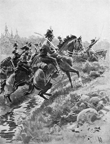 Svenske ryttere angriper ved Rakkestad. Les&amp;#160;om krigen mellom Norge og Sverige sommeren 1814 .&amp;#160;Illustrasjon av Andreas Bloch (1860–1917). Foto: ukjent/Falt i det fri