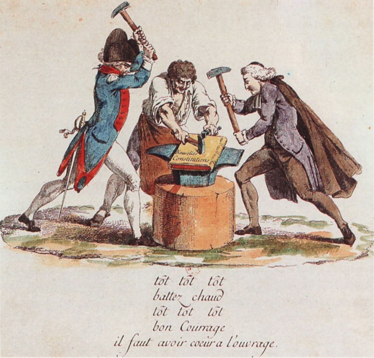 Karikaturtegning som viser tre menn: en adelig, en fra tredjestanden og en geistlig som smir grunnloven på en ambolt