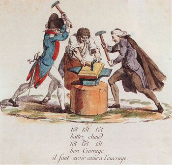 De tre stendene i Frankrike (de adelige, tredjestanden og de geistlige) smir grunnloven av 1791. Les om&amp;#160; den norske grunnloven og andre&amp;#160;revolusjonære grunnlover i Europa .&amp;#160;Foto: trykk av ukjent kunstner/ CC PDM