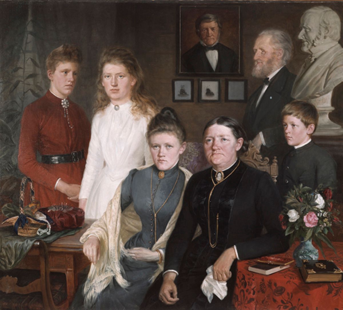 Maleri, portrett av en borgerlig familie i borgelig interiør