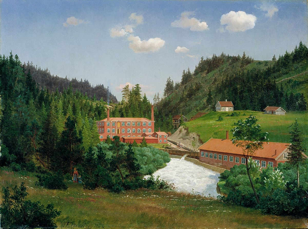 Maleri som viser Nydalens Compagnies bygg, blant trær. Bygget ligger ved Akerselva