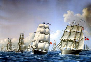 Fra 1830 vokste den norske skipsfarten enormt: I 1870 fraktet norske skip nesten like mye som USA, og bare Storbritannia fraktet mer enn begge. Bildet er malt av Frederik Martin Sørvig i 1861. Les mer om den store veksten i den norske økonomien på 1800-tallet . Foto: F. Sørvig 1861/Stiftelsen Bergens Sjøfartsmuseum