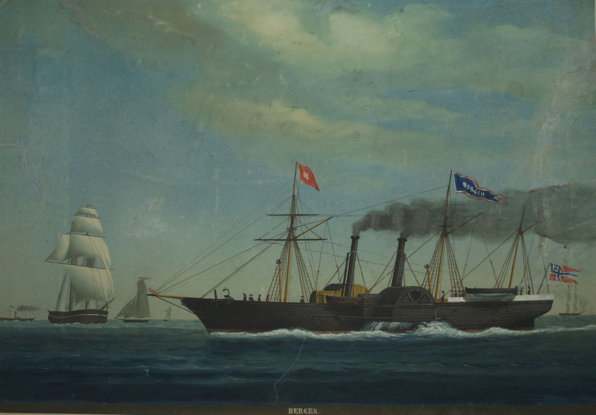 Maleri av hjuldampskip i seilas, omgitt av seilskuter, sett fra siden.