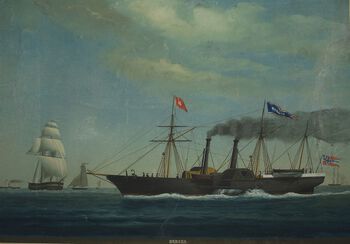Dette bildet er verken signert eller datert, men skipet som er avbildet,&amp;#160;ble bygget i Newcastle i 1852. Det var det første skipet til Det Bergenske Dampskipsselskab, et rederi som ble stiftet i 1851. Les mer om utbyggingen av kommunikasjonen i Norge på 1800-tallet . Foto: Bergen Sjøfartsmuseum&amp;#160;